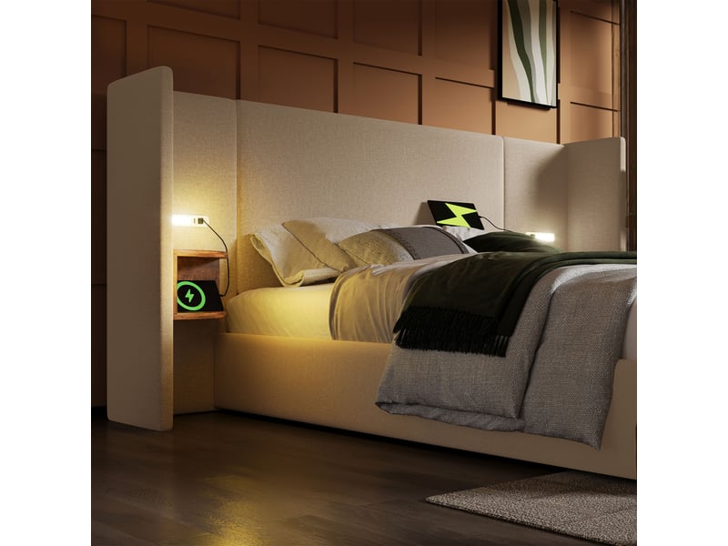  Lit double 160x200 cm avec coffre de rangement, tête de lit étagère, liseuse led et ports usbtype-c, tissu lin beige  - Conforama E