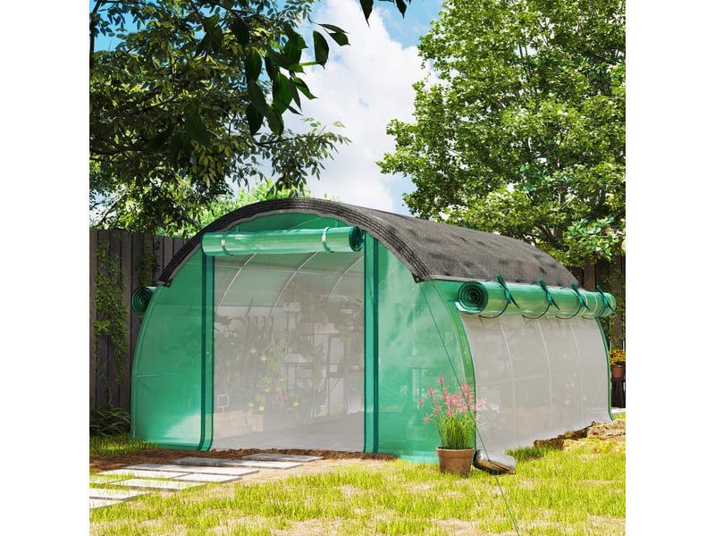  Serre tunnel de jardin 400x300x198 cm – verte – 8 fenêtres, porte et parois enroulables, protection uv  - Conforama B