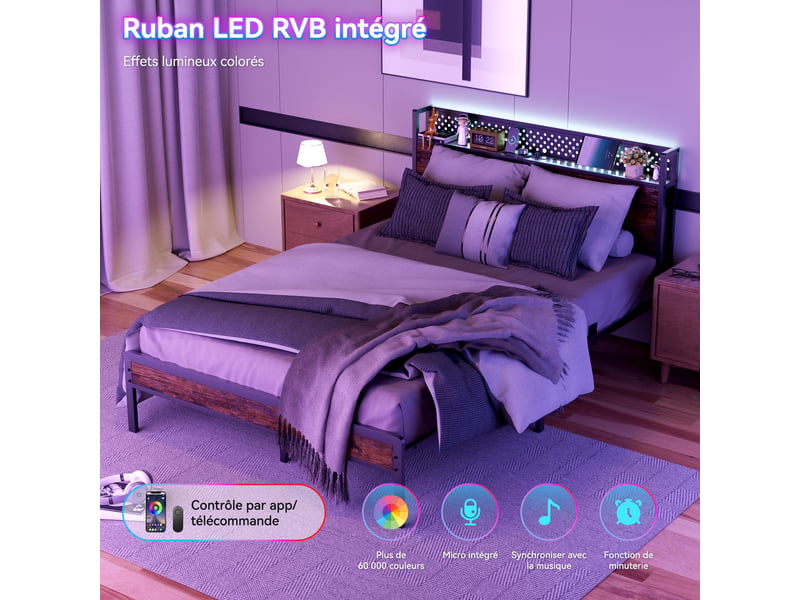  Lit 140 x 190 avec sommier, cadre de lit métallique robuste, éclairage led, prises, usb et type-c, tête de lit avec rangement, design minimaliste, stable, silencieux et antidérapant, noir  - Conforama C