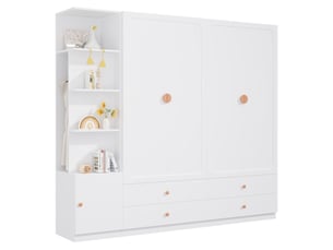 Armoire 5 portes blanche 225 cm avec 3 tringles, 4 tiroirs et rangement ouvert, idéale pour chambre ou bureau