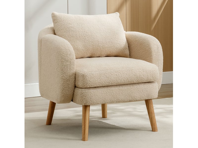  Fauteuil en teddy avec grand coussin de dossier et assise épaisse, structure en bois massif, beige  - Conforama C