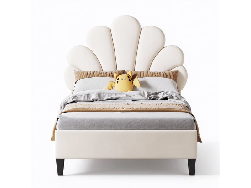  Lit enfant et lit simple 90x200 cm avec tête de lit fleur réglable et sommier à lattes, velours beige, sans matelas  - Conforama A