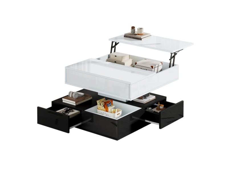  Table basse blanche et noire, table basse pivotante à 360° avec 3 tiroirs, console centrale relevable pour salon  - Conforama A