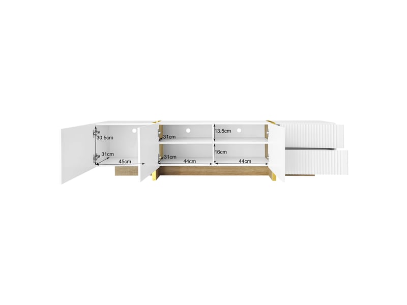  Meuble tv 180 cm bas avec tiroirs et portes arrondies mdf noir et blanc  - Conforama E