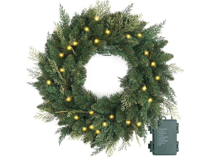 Couronne de noël lumineuse 50 cm, branches de cyprès artificielles, led avec minuterie, décoration de porte - Conforama A