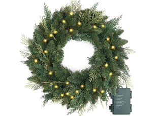 Couronne de noël lumineuse 50 cm, branches de cyprès artificielles, led avec minuterie, décoration de porte