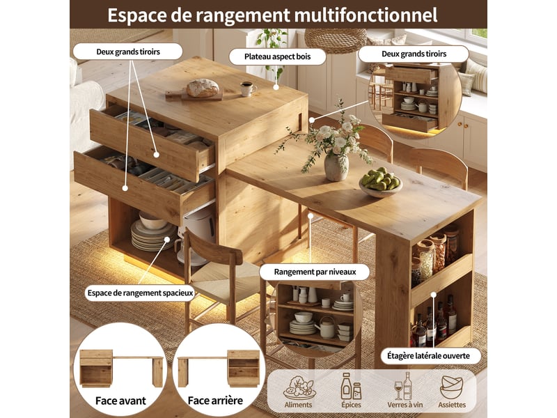  Îlot de cuisine extensible 122–194,5 x 70 x 94 cm avec éclairage led, 4 tiroirs et placard latéral pour 2 à 6 personnes, naturel  - Conforama D