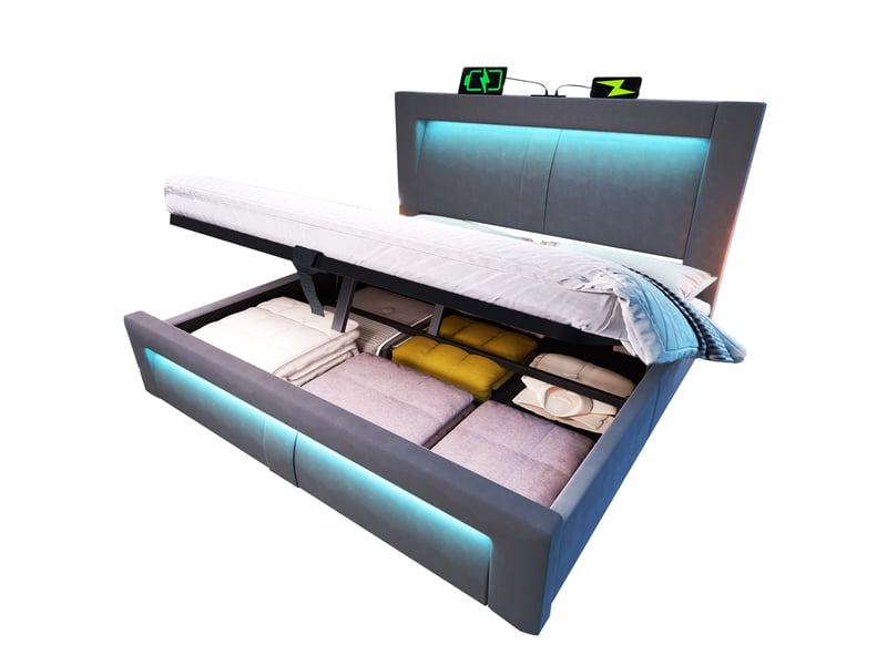  Lit double 160x200 cm rayofi - rangement sous-lit hydraulique, éclairage led contrôlable par application, ports usb et usb-c, revêtement velours gris, matelas inclus  - Conforama C