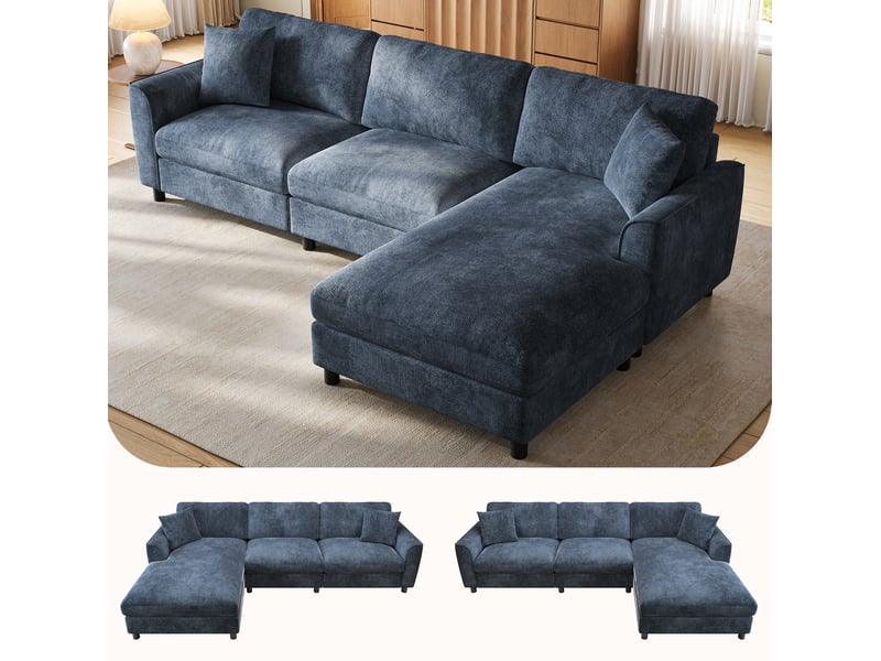  Canapé d’angle 3 places réversible en tissu chenille bleu marine, 256x137x79 cm  - Conforama D