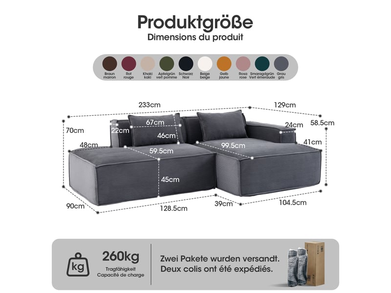  Canapé droit compact avec assise à ressorts ensachés  - tissu polyester rembourré gris 235 × 129 × 70 cm  - Conforama D