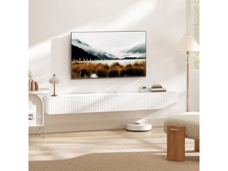  Meuble tv suspendu avec 2 portes abattantes cannelées, pour écran jusqu’à 72 pouces, blanc, 180 x 25 x 22 cm  - Conforama B