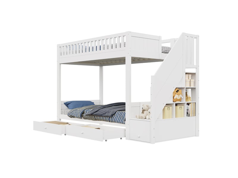  Lit superposé enfant 90x200 cm avec escalier de rangement et 2 tiroirs, bois et mdf, blanc, sans matelas  - Conforama A