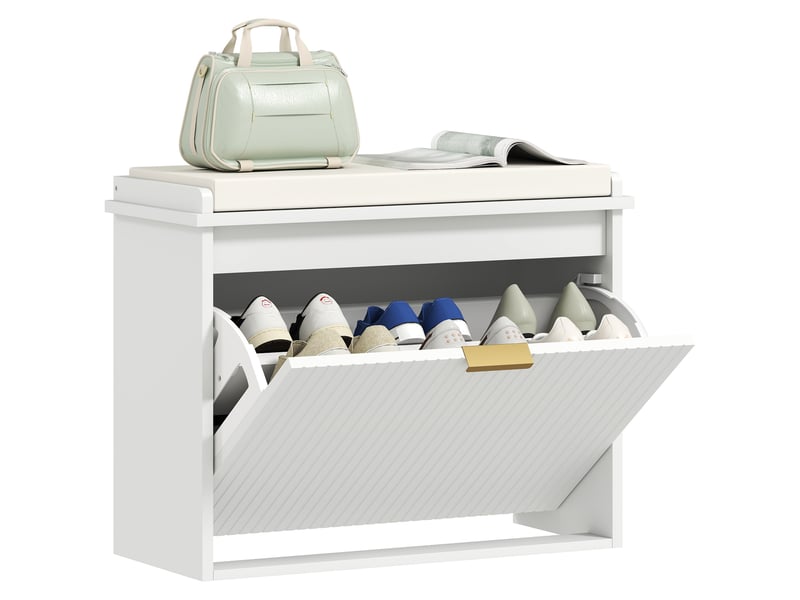  Banc à chaussures avec coussin d'assise rembourré et tiroir rabattable pour couloir, chambre, 62 x 26 x 47,5 cm, blanc  - Conforama A