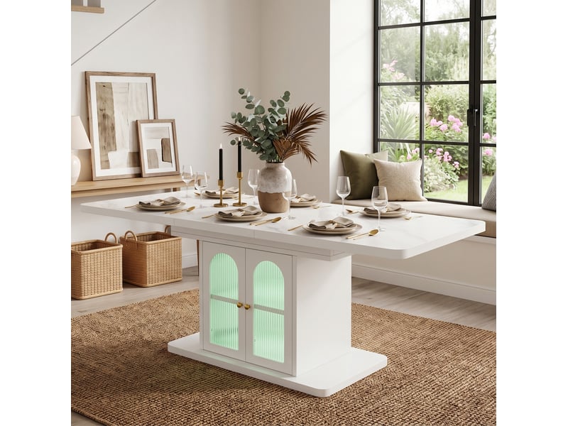  Table à manger extensible 200x76x80 cm, avec rangement et led, panneau de fibres blanc effet marbre, 6 à 8 personnes  - Conforama D