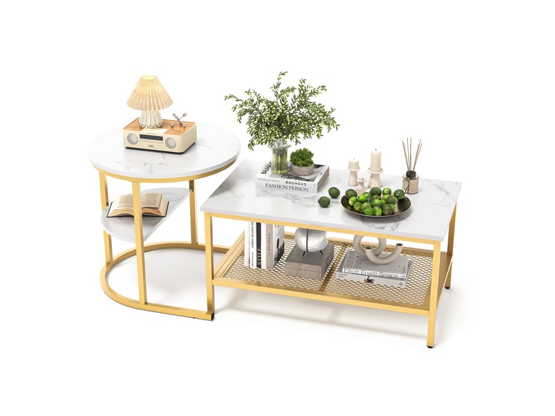  Lot de 2 tables gigognes dorées en bois et acier inoxydable, aspect marbre  - Conforama A