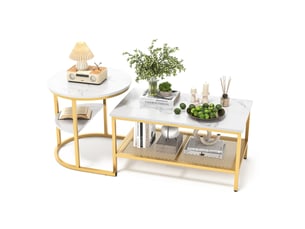 Lot de 2 tables gigognes dorées en bois et acier inoxydable, aspect marbre
