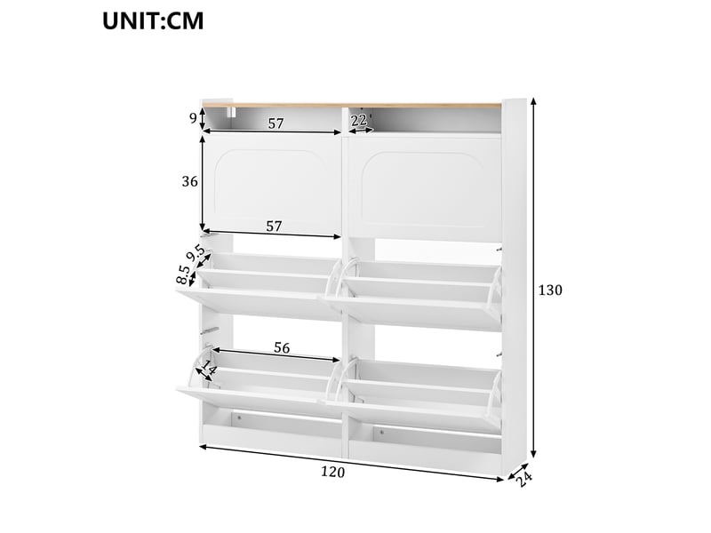  Meuble à chaussures 120x24x130 cm avec 6 abattants, led, 2 niches ouvertes, blanc et naturel  - Conforama C