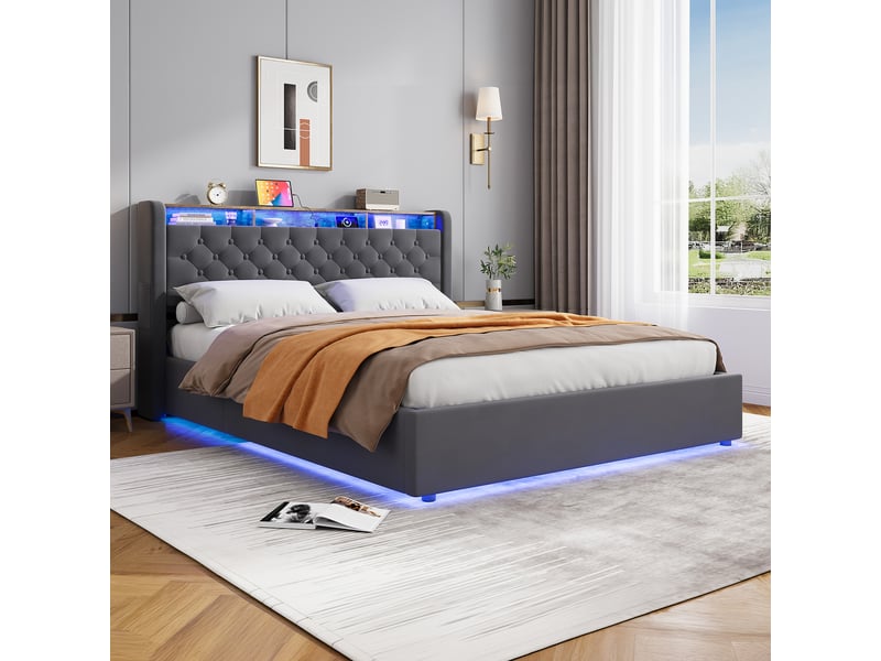  Lit double 160x200 cm avec rangement sous le lit et tête de lit avec étagère gris foncé homvra  - Conforama D