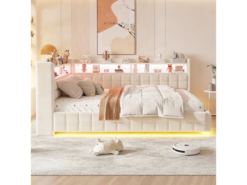 Lit banquette enfant coffre 140 x 200 cm avec led, usb, usb-c, prise et étagères, velours beige Fay Lum - Conforama D