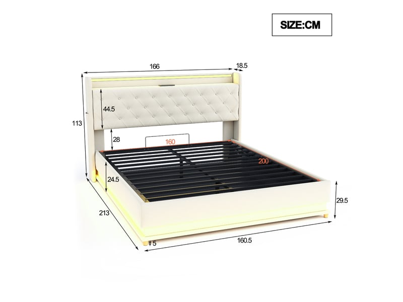  Lit adulte capitonné 160 x 200 cm,lit coffre avec led, port de chargement usb et rangement hydraulique, tissu lin doux pour la peau beige lit adulte beige - Conforama C