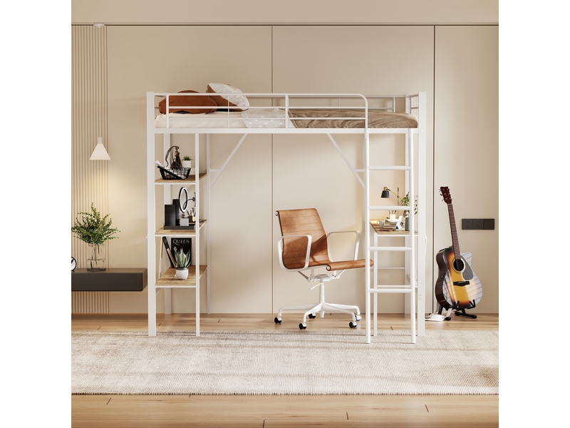  Lit mezzanine 90 × 200 cm 1 place avec bureau et 3 étagères, sans matelas, en métal et mdf, blanc  - Conforama C