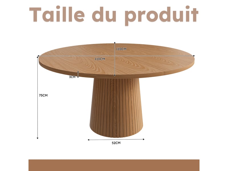  Table à manger ronde 110 cm, plateau mdf plaqué chêne, piètement cylindrique renforcé en métal, style campagne Bliss Lite - Conforama C