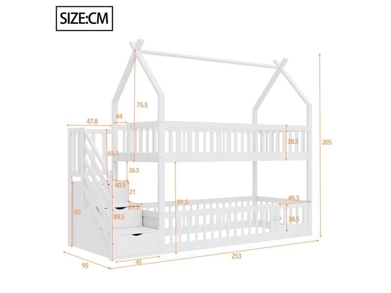 Lit superposé enfant 90x200 cm en bois, toit, escalier et tiroirs, blanc - Conforama C