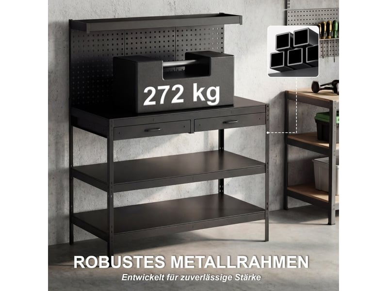  Établi 122x61x156 cm avec panneaux perforés et 2 tiroirs métal et mdf noir  - Conforama D
