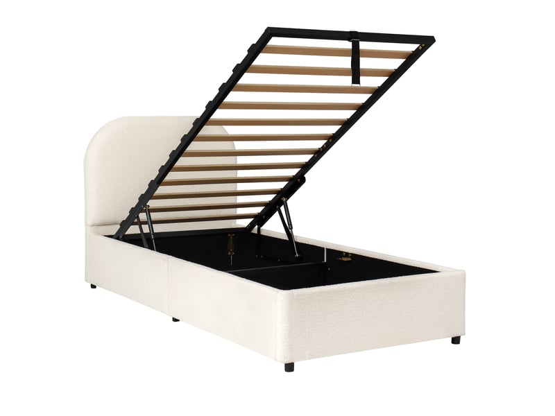  Lit enfant coffre hydraulique 90x200 cm en bouclé beige avec sommier, grand rangement et tête de lit rembourrée  - Conforama D