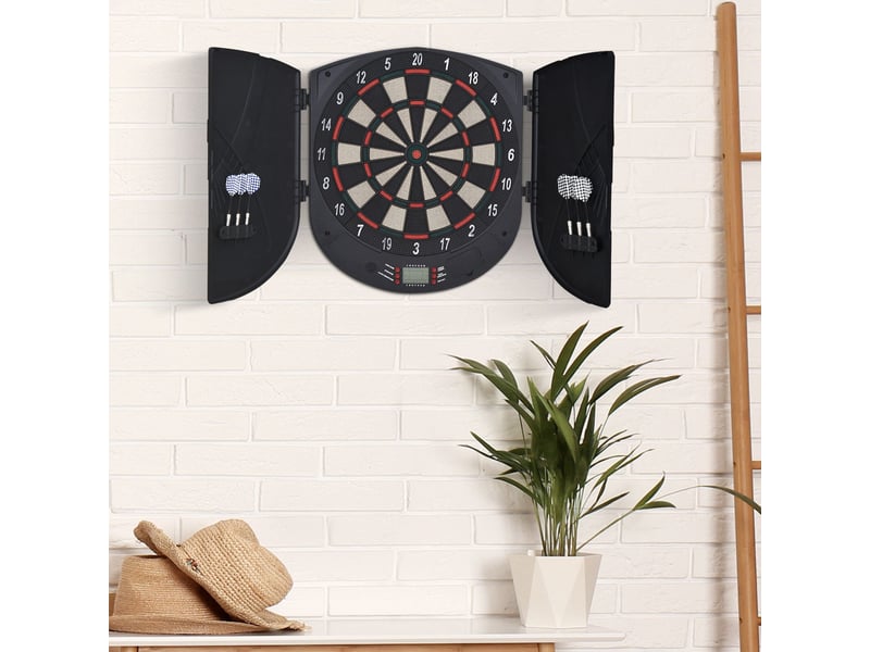 Cible de fléchettes électronique, jusqu'à 8 joueurs, tableau de score, portes latérales, écran lcd. 26 jeux, 44 x 4,4 x 50 cm, noir - Conforama C