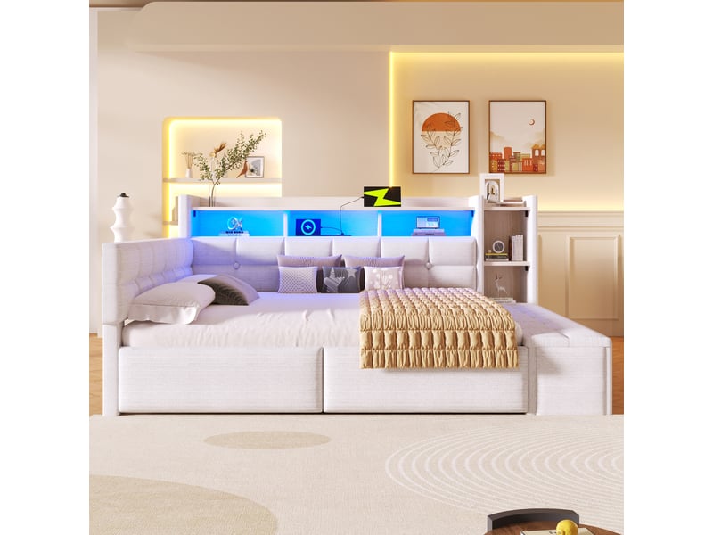  Lit de jour 140 × 190 cm avec deux tiroirs, usb type-c, étagère, led, sans matelas, velours blanc, style moderne  - Conforama D