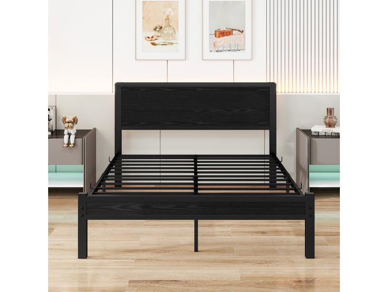 Cadre de lit plateforme avec rangement 140x200 cm, noir, métal et mdf, sans matelas - Conforama E
