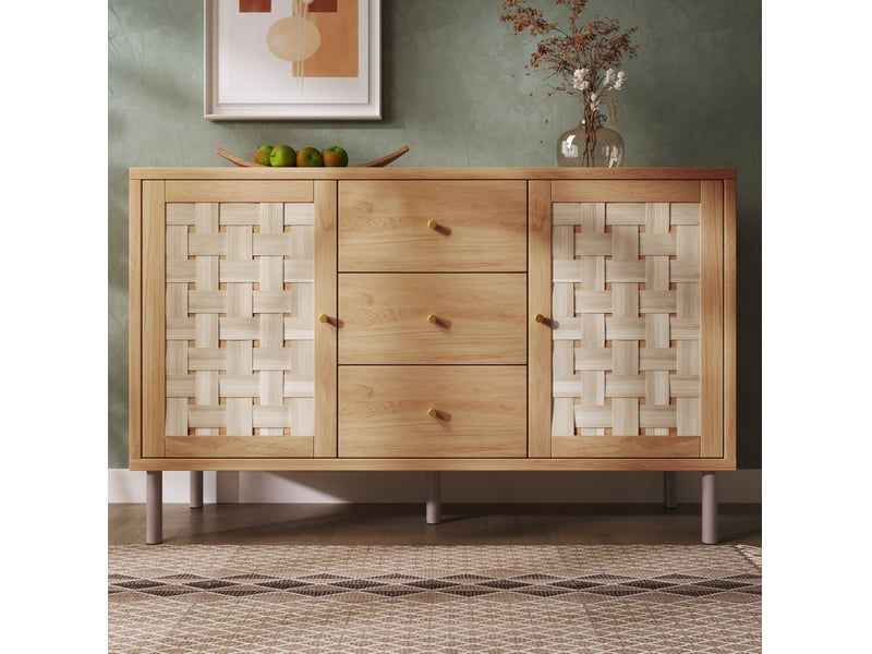  Buffet bas style campagne chêne 120 x 40 x 75 cm, 2 portes et 3 tiroirs  - Conforama D