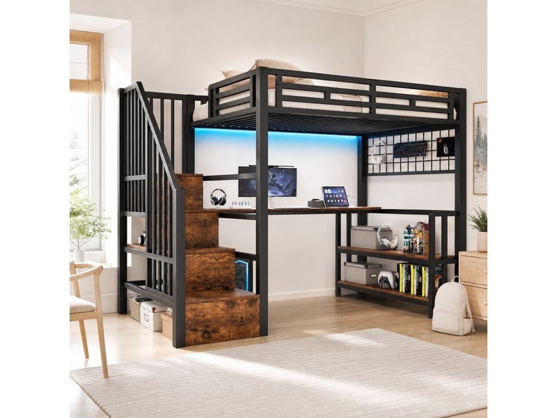  Lit mezzanine enfant 90 x 200 cm en métal et mdf noir avec bureau, rangement, led et prises usb  - Conforama C