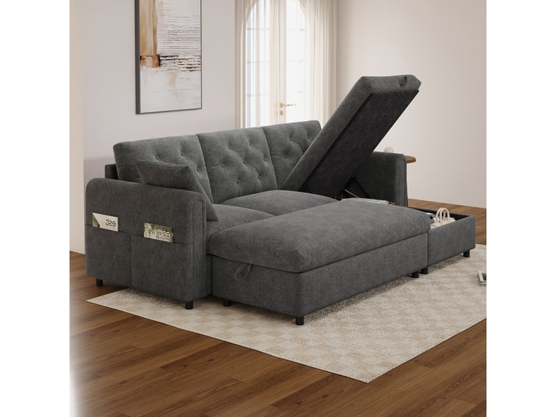  Canapé d'angle convertible 3 places 219x131x86 cm, méridienne réversible et repose-pieds, coffre de rangement, velours gris  - Conforama D