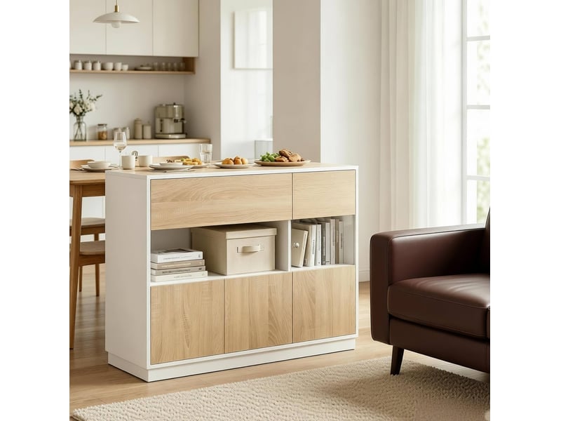  Buffet 100 x 80 x 40 cm blanc et chêne clair en bois d'ingénierie, rangement pour entrée et cuisine  - Conforama E