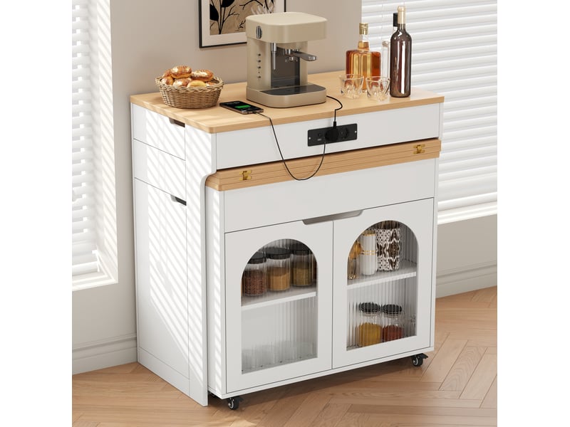 Desserte de cuisine extensible 80x55x93 cm, de couleur blanche, avec roulettes, portes en verre et prises, en mdf - Conforama D