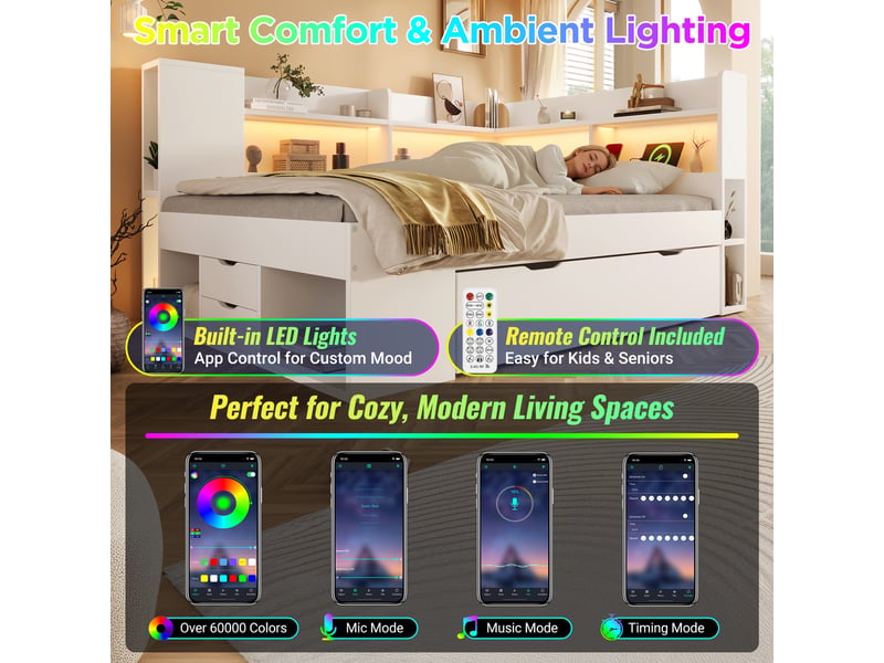  Lit banquette enfant 90x190 cm avec étagères et tiroirs de rangement, led multicolore, 3 usb et usb-c, sommier à lattes, bois blanc  - Conforama E