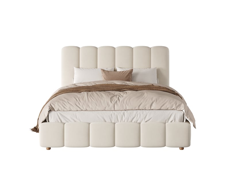  Lit coffre double 140×190 cm avec rangement hydraulique et tête de lit - okmyhome- en velours beige, sans matelas  - Conforama A