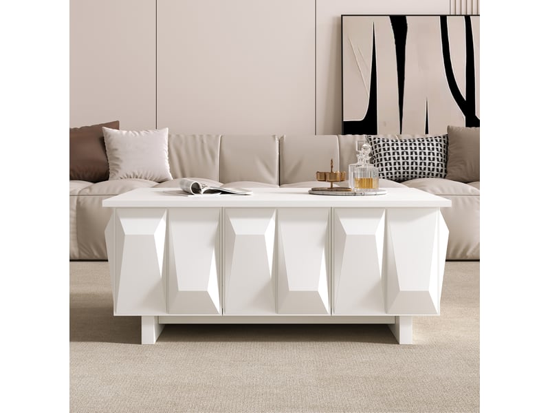  Table basse 95x67 cm blanche en panneau de particules, 3 portes à façades 3d et rangement pour salon  - Conforama B
