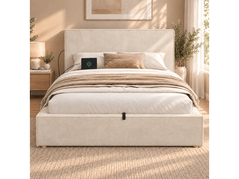 Lit coffre rembourré 120x200 cm - avec tête de lit et sommier à lattes - rangement coffre -tissu chenille - beige (sans matelas) - Conforama D