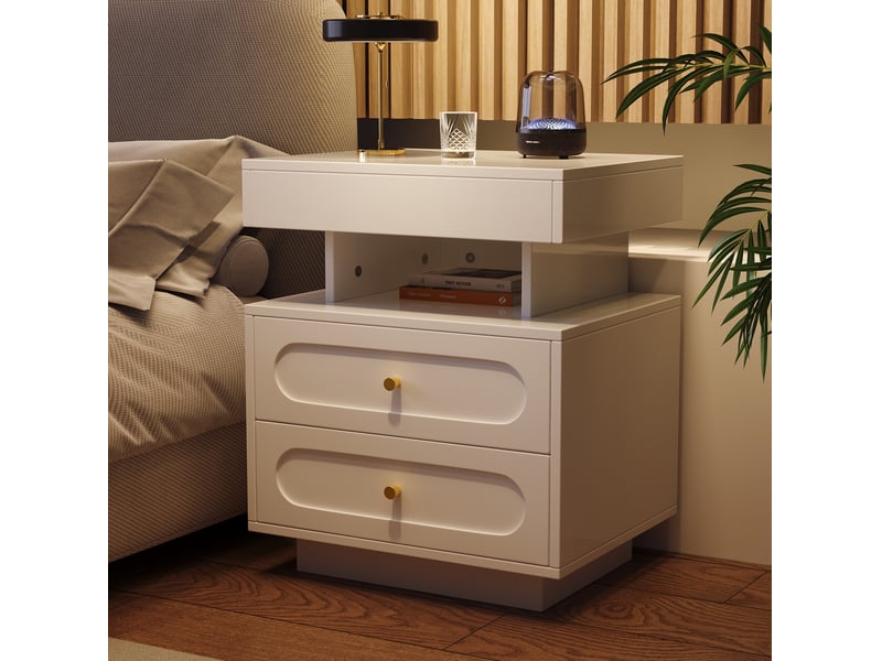  Chevet 50x40x60 cm, 2 tiroirs, led, design élégant et moderne, meuble chambre, rangement, panneau de particules, blanc  - Conforama D