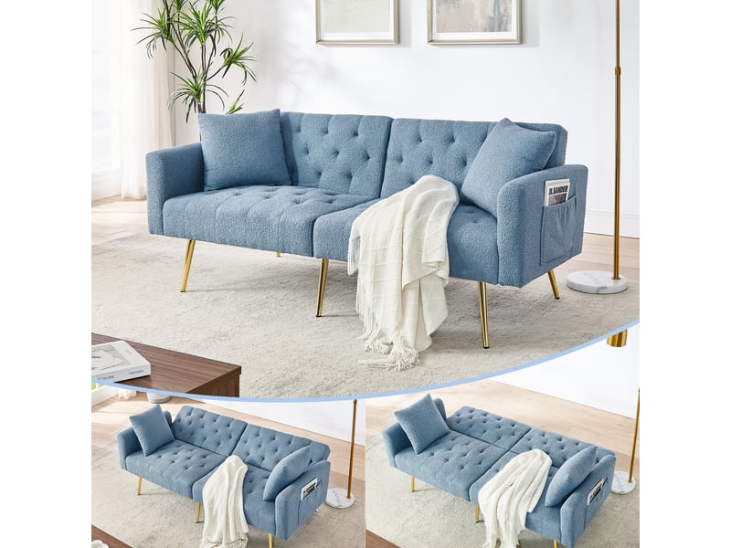  Canapé convertible 2 places avec dossier réglable  - 3 positions, 2 coussins, pieds en métal, tissu teddy bleu  - Conforama D
