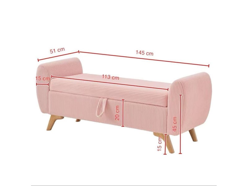  Banc coffre pliable 145 x 51 x 57 cm en velours côtelé rose avec pieds en bois  - Conforama C