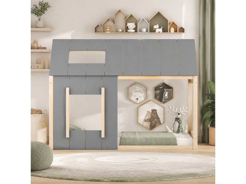  Lit enfant cabane 90 x 200 cm avec toit et fenêtre, bois naturel et gris  - Conforama B