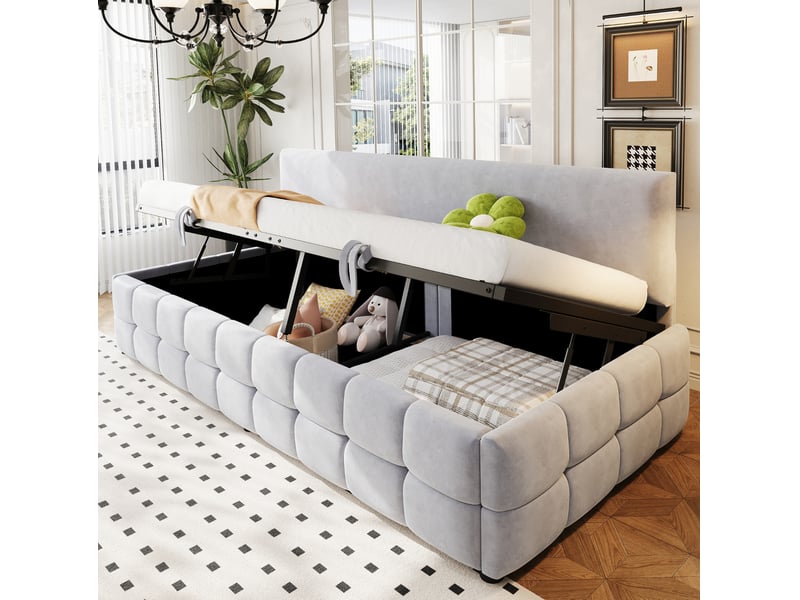 Lit enfant 90 x 200 cm rangement style moderne sans accoudoirs carreaux sommier lattes velours gris clair sans matelas - Conforama D