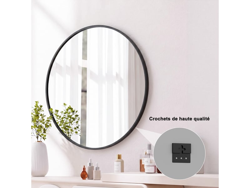Miroir mural rond 75 cm noir,verre trempé,miroir mural haute définition,cadre métal et crochet,pour chambre,entrée,salle de bain - Conforama E