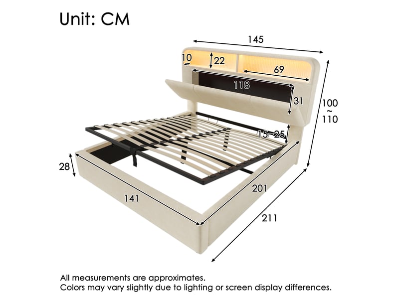  Lit coffre 140 × 200 cm 2 places avec rangement, led, usb et type-c, avec matelas, tête réglable, velours beige  - Conforama D