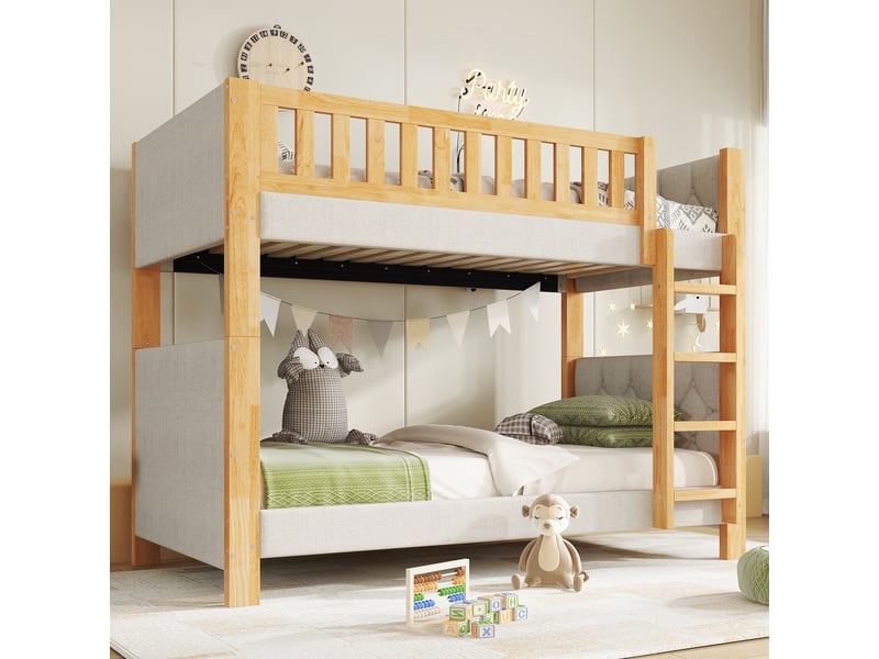  Lit superposé enfant avec bords antichocs, échelle 4 marches, sécurité renforcée, 90x200cm, gris et naturel  - Conforama E