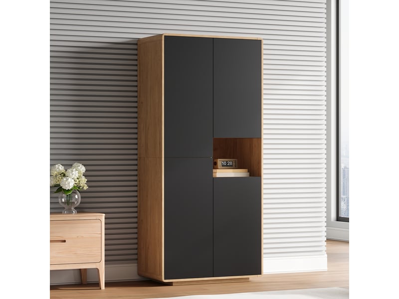  Armoire de cuisine haute 75x40x170cm, étagères réglables, niche ouverte et rangements de porte, design sans poignées, noir et bois naturel, cuisine  - Conforama C